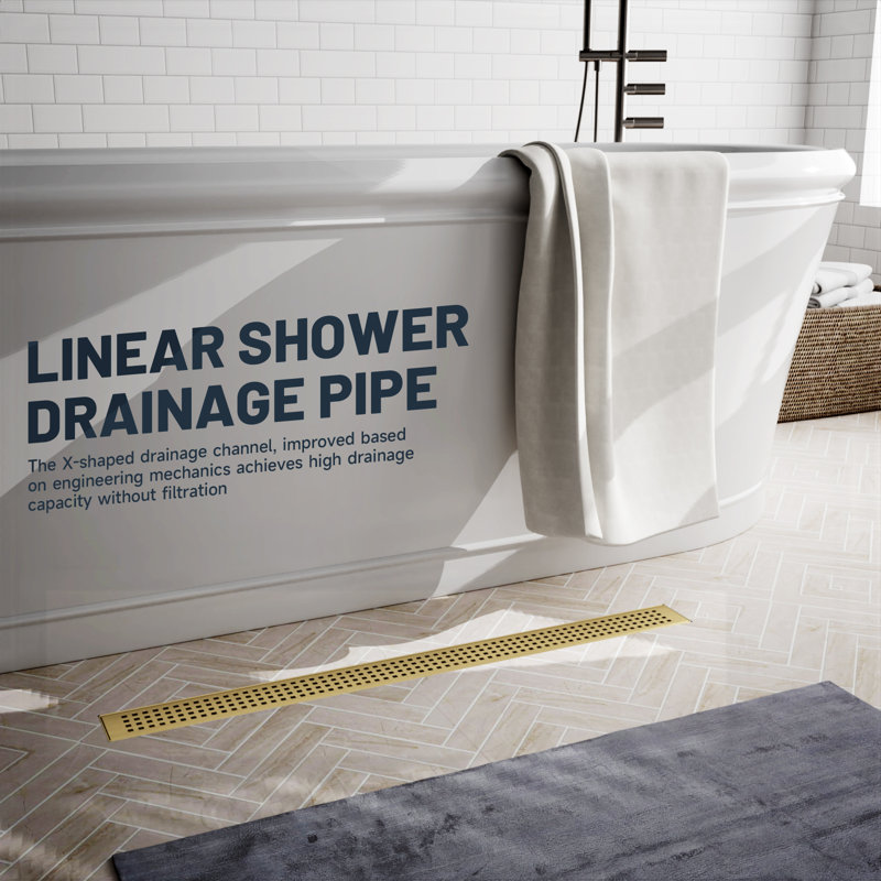 32 In. Stainless Steel Linear Shower Drain With Square Pattern Drain Cover, Brushed Gold