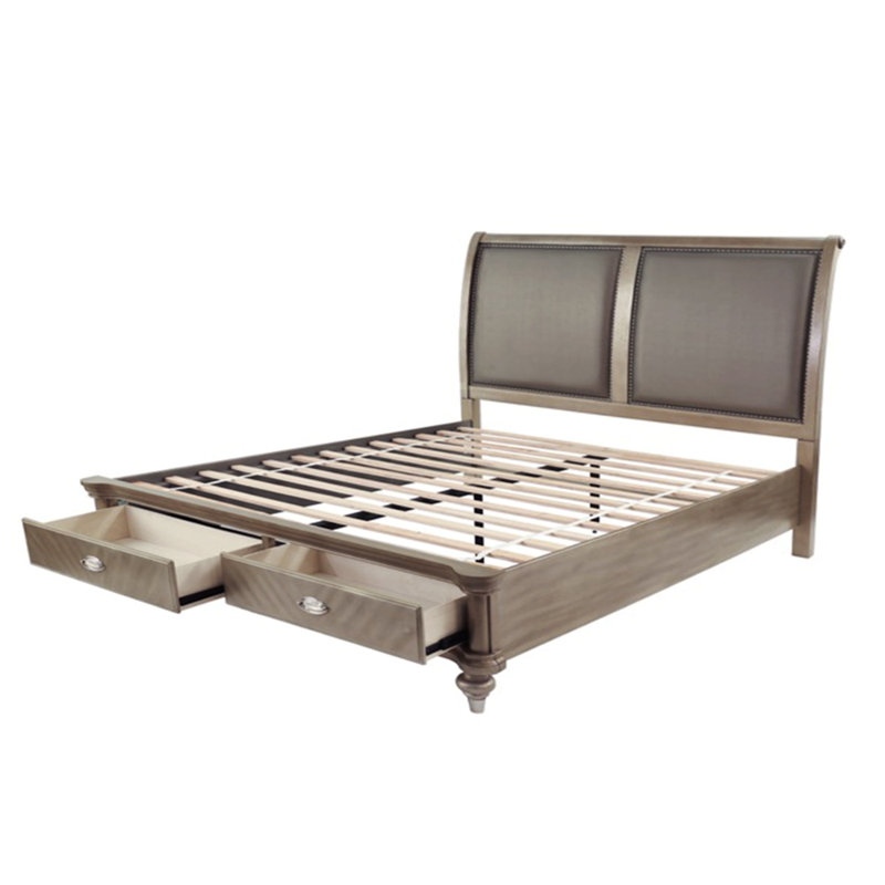 Wooden Bed With 2 Storage Drawers In Antique Silver, King