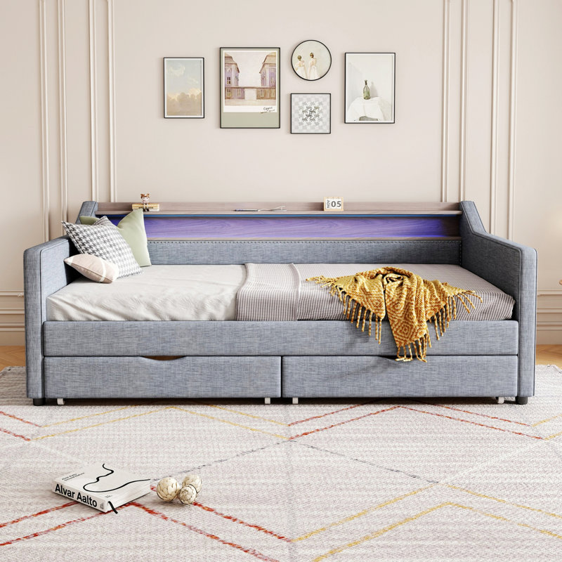 Daybed With 2 Storage Drawers And 2-Tier Shelf, Upholstered Bed Frame With Smart LED Light And USB, Type-C Port