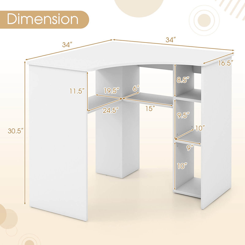 Wrought Studio? Bureau d'ordinateur en L avec tablettes de rangement Tablette réglable pour bureau à domicile, Blanc