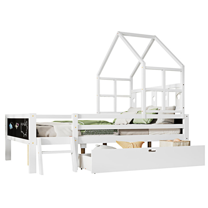 Lit maison avec échelle et tiroirs de rangement, Double