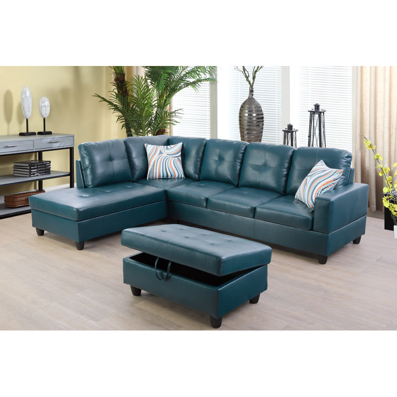 Brevard Faux Leather L-Shaped Sectional, Left Hand Facing, Dark Teal