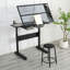 Bureau de dessin avec manivelle réglable et 2 tiroirs en métal (noir) avec tabouret-1186796794