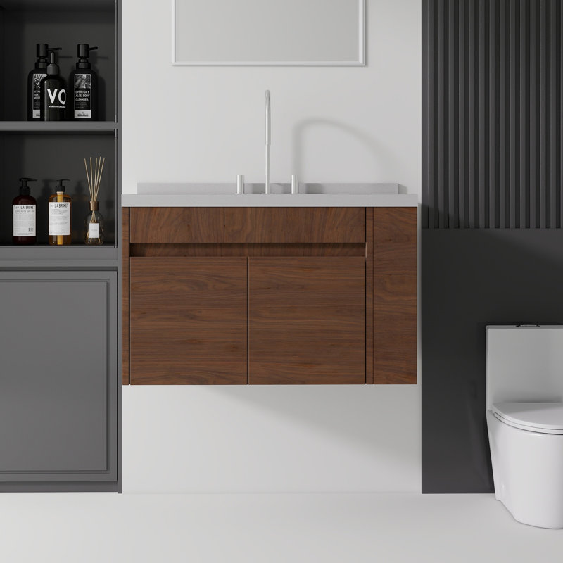 Meuble-lavabo flottant avec lavabo, Brun, L 36 po
