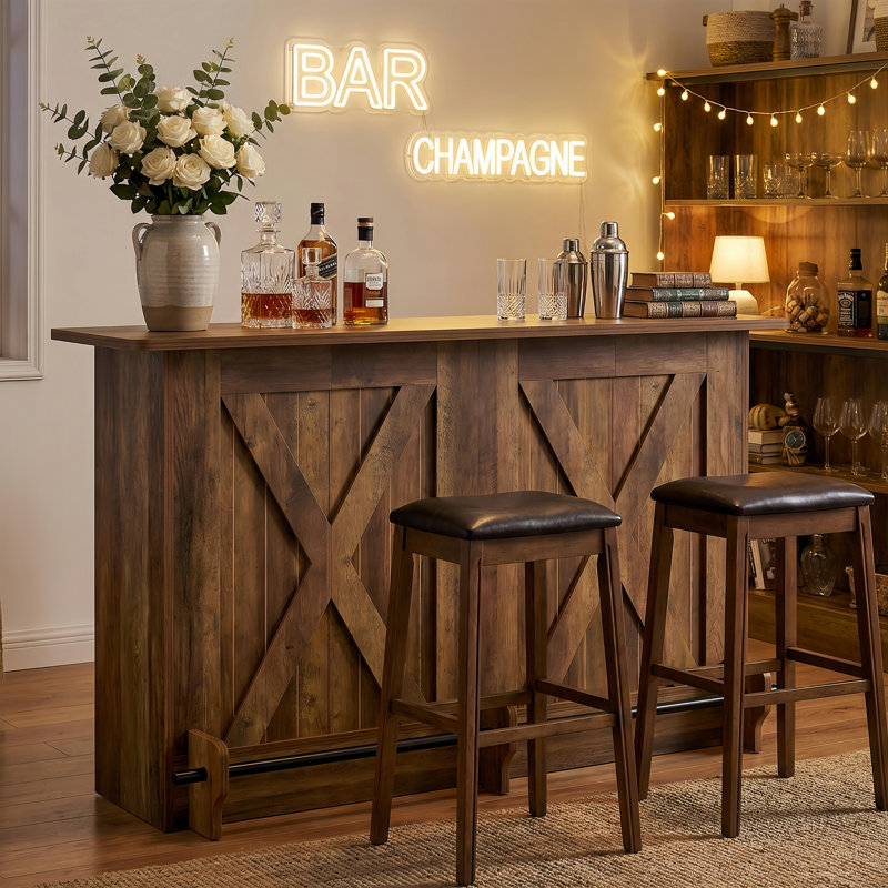 63-Inch Home Bar Unit Wine Bar Table With 2-Tier Storage Shelves And Footrest For Home Pub, Brown