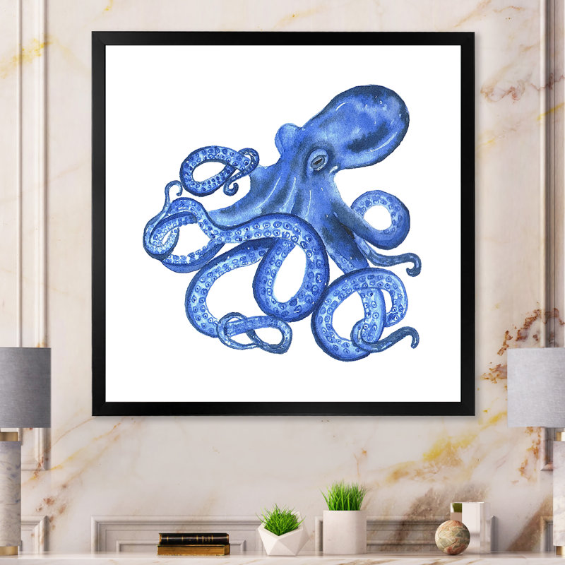 " Cute Blue Octopus II " by Designart, Black Picture Framed Canvas, 16" H x 16" W x 1" D