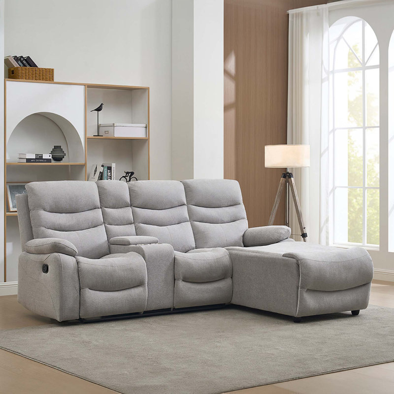 3 Seater Linen Blend Reclining Sofa & Chaise, Light Grey
