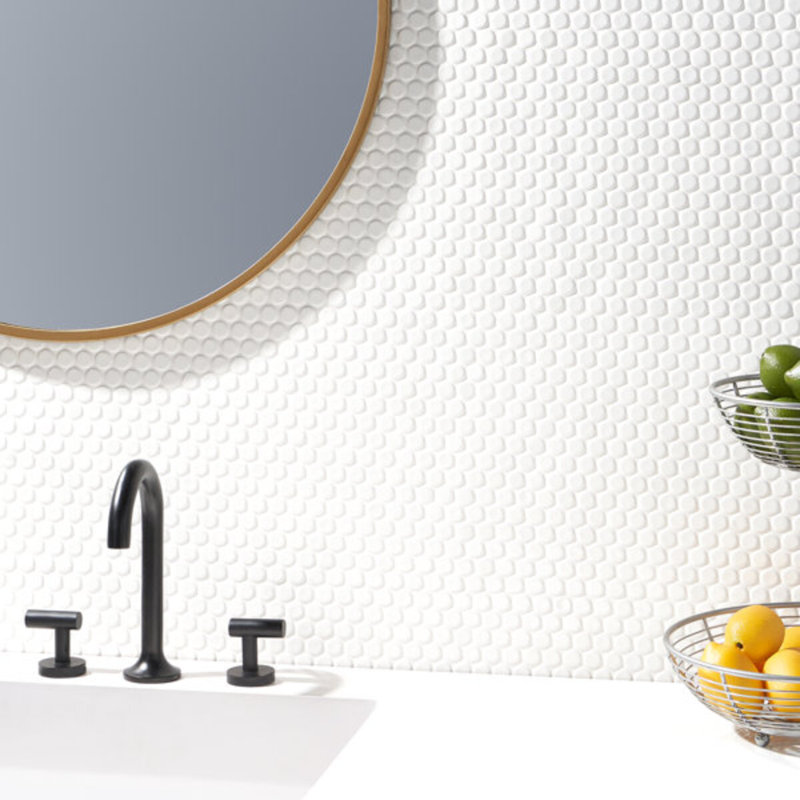 Eden 2.0 Modern Rimmed Penny Round Polished Porcelain Mosaic, Matte White