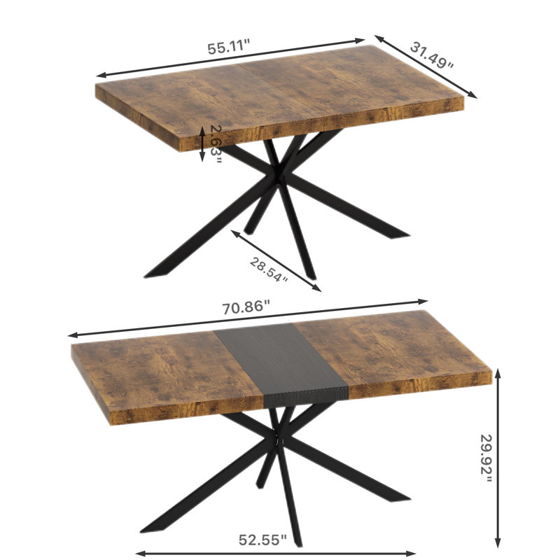 Table de salle à manger rectangulaire rétro avec base en fer fin sable noir, Brun, H 30 po x L 70,86 po x l 31,5 po