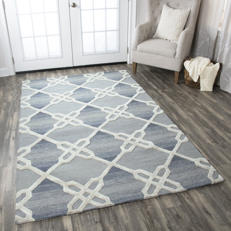 Tapis bleu / gris / ivoire en laine touffeté à la main Anaisabel, Rectangle 8 pi x 10 pi