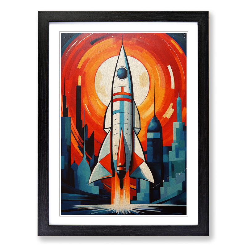 Rocket Constructivism - Single Picture Frame Print on Wood, 64cm H x 46cm W x 2cm D, Black