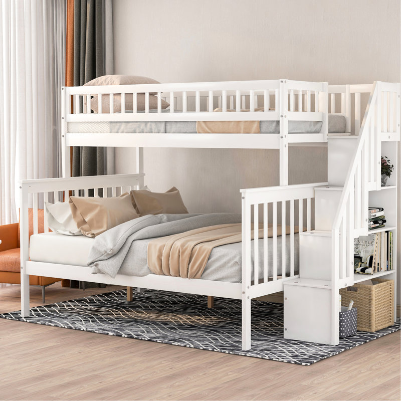 Lit simple superposé au dessus d'un lit double en pin massif avec tablette, blanc - pour un rangement efficace