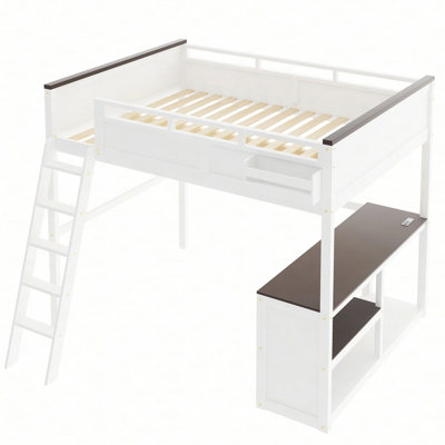 Grand lit mezzanine avec bureau, tablette ouverte et boîte de rangement, station de charge USB