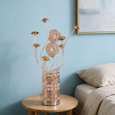Lampe de table en forme de bouton de fleur, 54,6 cm (21,5 po) de hauteur, 3 DEL G4, en aluminium, avec fil de cuivre/argent doré et rose.