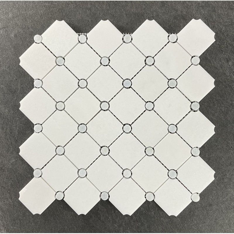 Diamond With Dot Marble Mosaic Tile, White/Gold