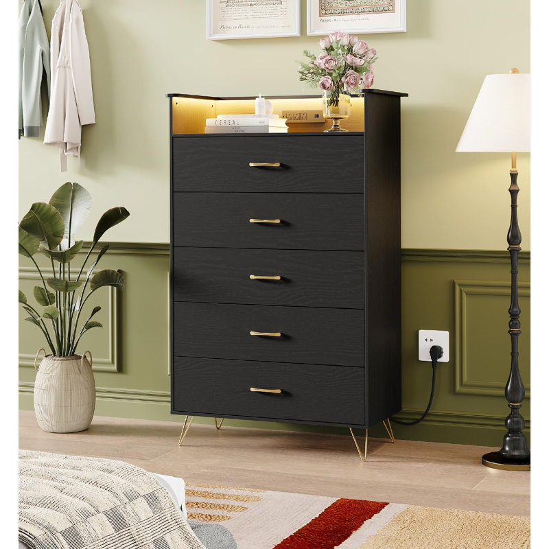 Tall 5 Drawer Dresser with RGB LED Lights & Charging Station, Wood Storage Cabinet for Bedroom, Black