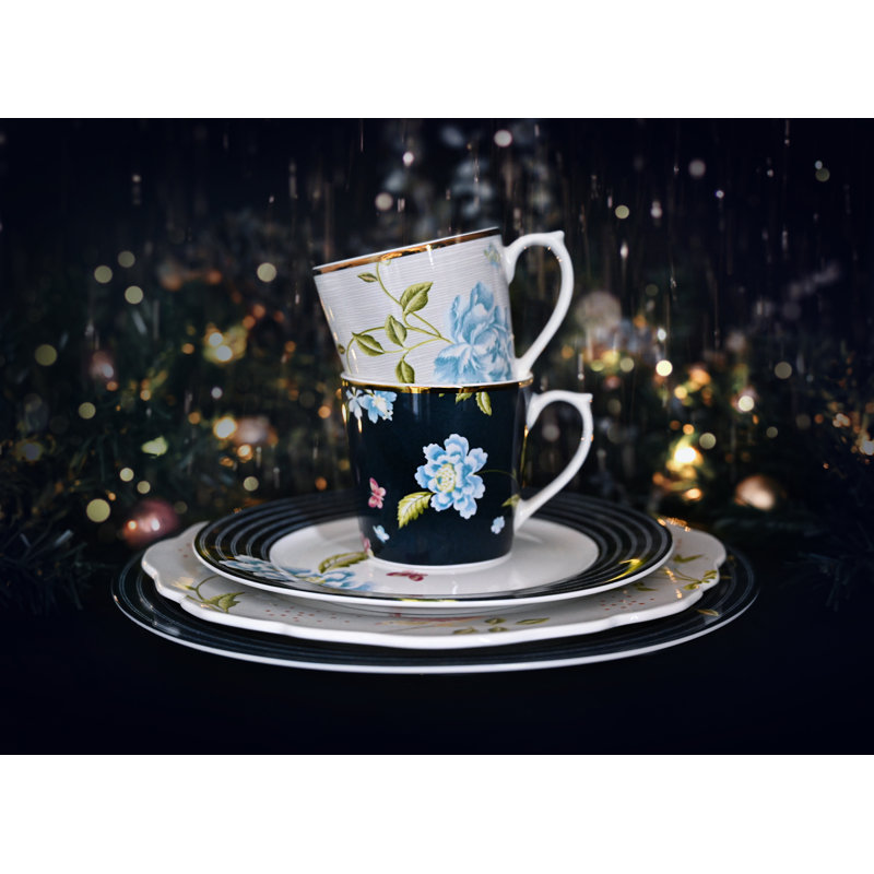 Set of 4 Mint Floral Ceramic 17 oz Mugs
