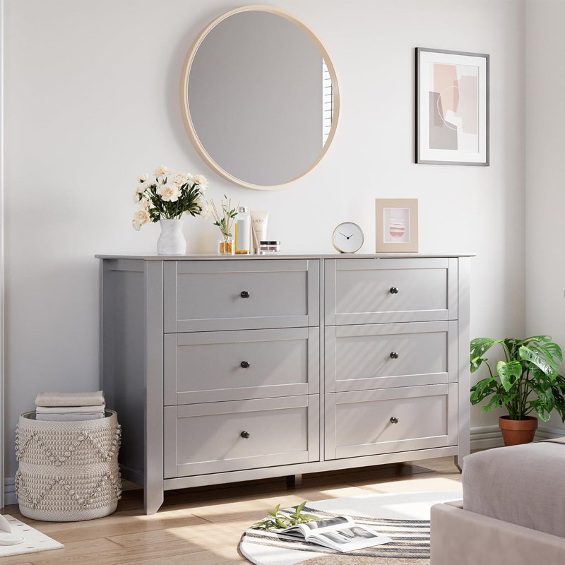 6 Drawers Dresser for Bedroom, 53.9" W Farmhouse Wood Dressers & Chest of Drawers for Clothes, Tall Storage Dressers Organizer with Deep Drawers for Living Room, Closet, Hallway