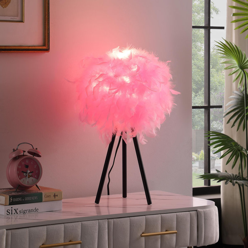 Lampe de table moderne en métal 20,5 po à abat-jour en plumes rose chaud, Rose
