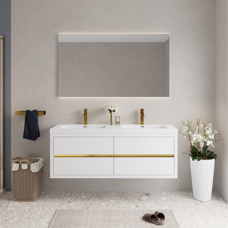 Meuble-lavabo mural 60 po avec lavabo, armoire de rangement flottante avec comptoir en résine de pierre et tiroirs à fermeture en douceur 60 po