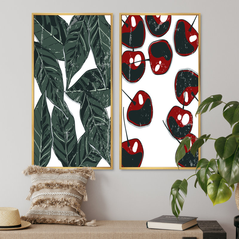 «Fruit and Leaves Minimalisme I», ensemble de 2 impressions, H 32 po x l 32 po x P 1 po, Toile avec cadre doré