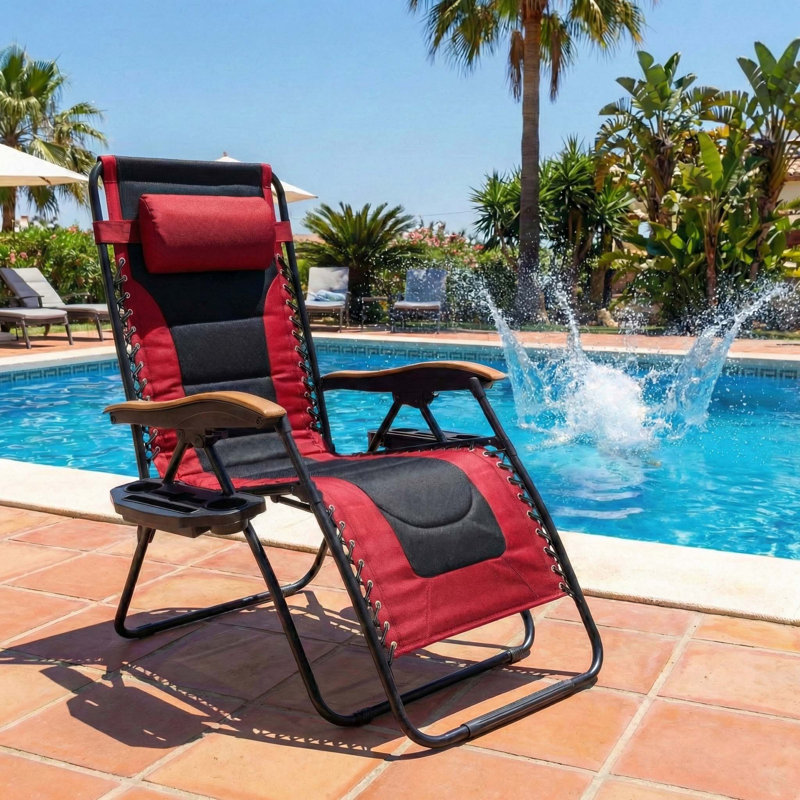 Oversized Zero Gravity Chair, Foldable Patio Recliner, 30" Wide Seat Anti Gravity Lounger With Cup Holder, Red