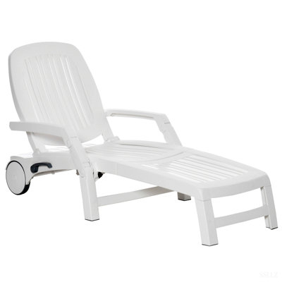 Chaise longue d'extérieur sur roulettes Outsunny avec boîte de rangement, chaise longue imperméable à assemblage rapide, conception pliante, dossier réglable à 5 niveaux pour piscine, plage, patio, jardin, blanc