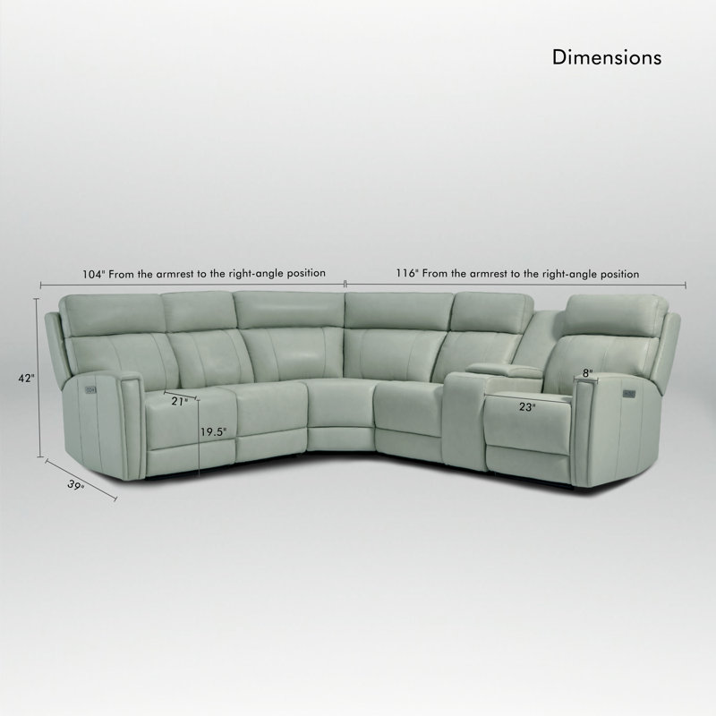 116" Leather Reclining Sectional, 2 Power Recliners, Zero-Gravity & Power Headrest, Green Genuine Leather, Power - Dial
