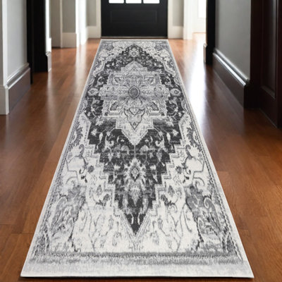 10' Gray And Dark Gray Medallion Runner Rug