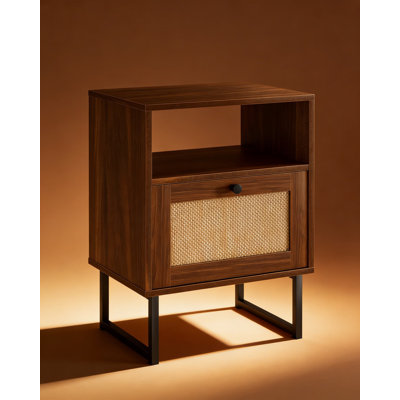 Mid Century Modern Nightstand With Rattan Drawer And Open Shelf, Boho Farmhouse Bedside Table With Storage For Bedroom And Living Room