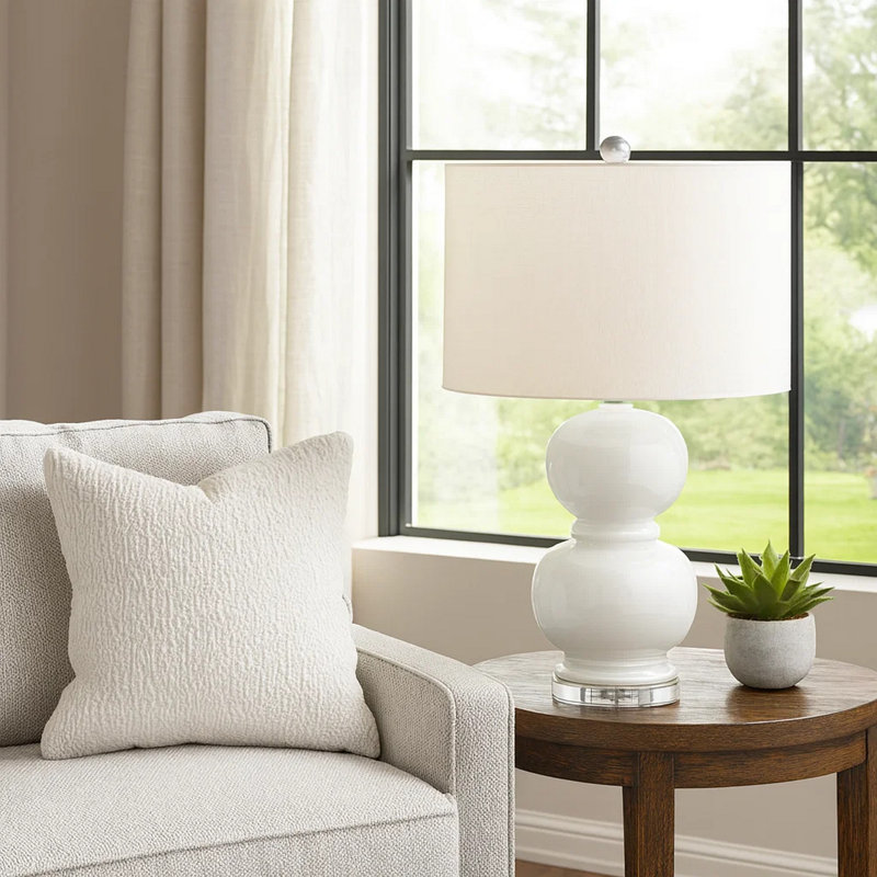 Dyno Table Lamp, Double Round Glass, White Drum Shade, Ivory