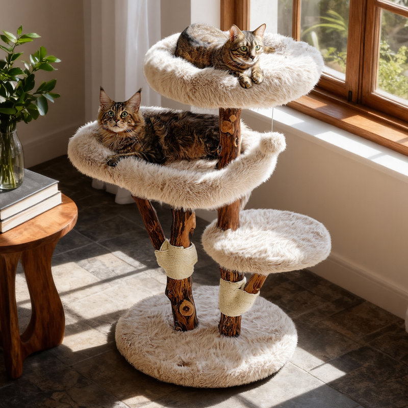 Artisan Solid Wood Cat Tree with Luxe Faux Fox Fur, Heavy Duty Tower for Large Cats, 44" H, Beige