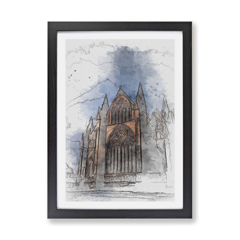 'Lincoln Cathedral in England' - Picture Frame Drawing Print on Paper, 62cm H x 87cm W x 2cm D, Black