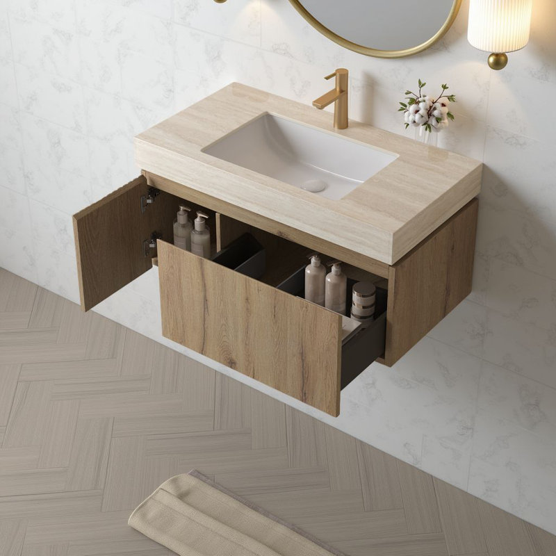 Meuble-lavabo mural 36 po avec comptoir en pierre frittée et lavabo en céramique, armoire de rangement avec 1 tiroir et porte à fermeture en douceur