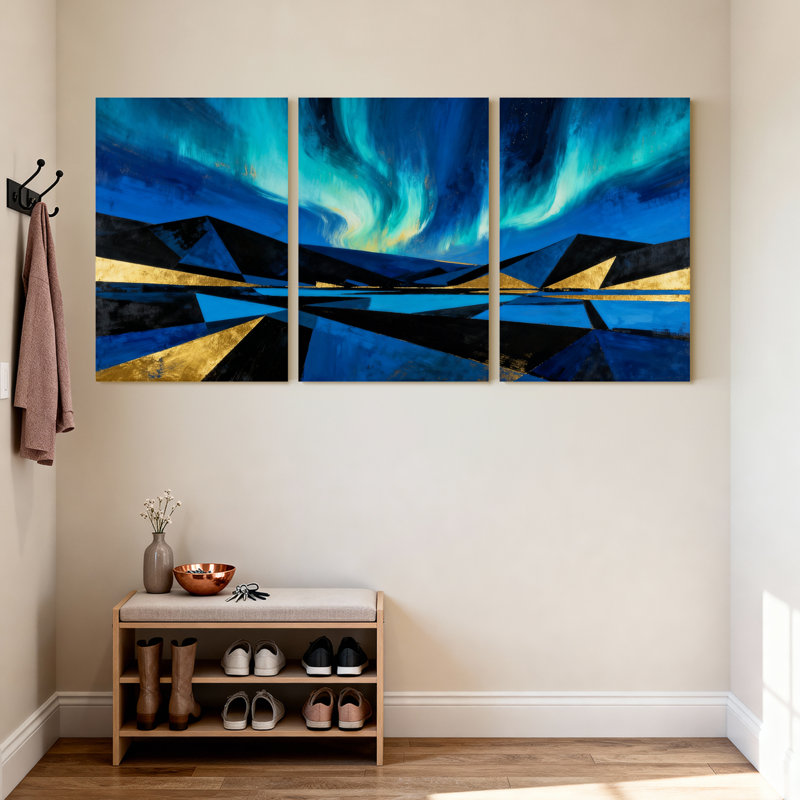 Abstrait abstrait ciel bleu Aurora montagne, ensemble de 3 impressions sur toile, H 24 po x l 48 po