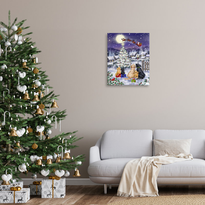 «Santa Over Snowy Dogs», art mural sur toile par Jean François, H 30 po x l 24 po