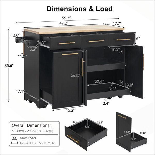 Latitude Run® Vintage Design Kitchen Island with Storage, Drop Leaf ...