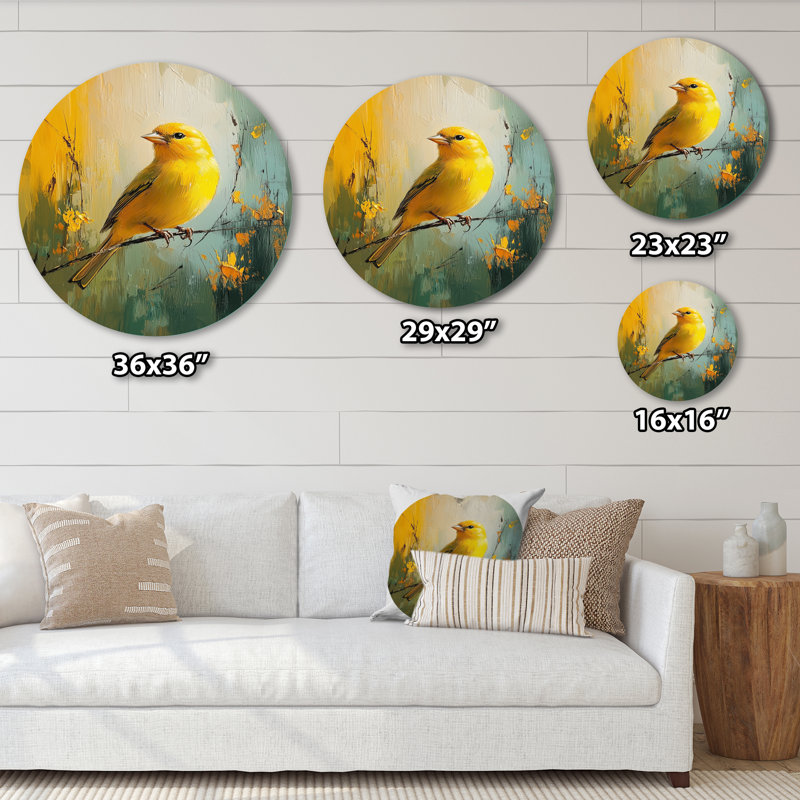 Juila - reproduction d'art moderne en métal jaune, oiseau rond, décoration murale en métal, H 36 po x l 36 po