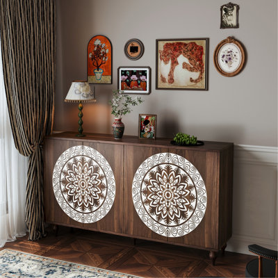 60" Vintage Mandala Carved Walnut Grain Sideboard, 4 Door Boho Buffet Cabinet, Mid-Century Elevated Legs Storage Credenza for Entryway, Dining Room, Living Room