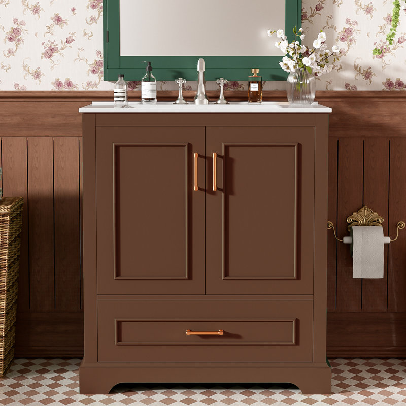 Meuble-lavabo autoportant de 30 po avec comptoir en céramique, Brun