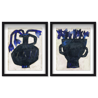 Indigo Vases Set Shadowbox Floral & Botanical Print by Oliver Gal, Black Frame, 16 x 20