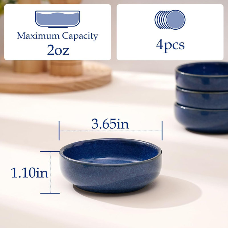 4 Pack Soy Sauce Dish 2oz Ceramic Dipping Bowls Sapphire Blue