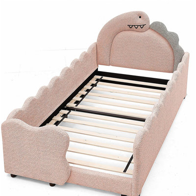 Twin Size Cute Dinosaur-Shaped Kids Bed with Safety Guardraild, Solid Wood Toddler Bed Frame for Children for Bedroom, Boucle Fabric