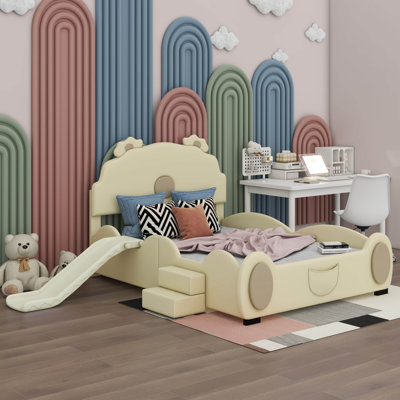 Doval Full size upholstered platform bed with piglet shape headboard and children's slide -  Zoomie Kids, 33616BF5023E45D3A2BDB5E57E7CBF8F