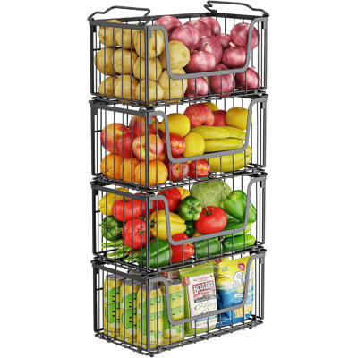 4-piece foldable metal wire basket for organizing and storing in the food storage room, black stackable vegetable and fruit basket for kitchen countertops