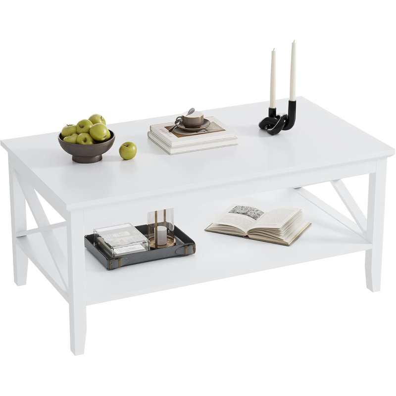 Coffee Table With Classic X-Design, Rectangular Modern Cocktail Table With Storage Shelf