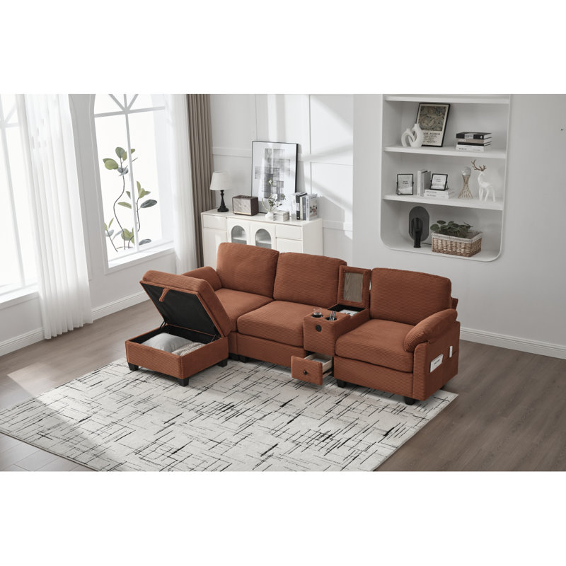 UNITED WE WIN L-Type Multifunctional Corduroy Sofa: 4-Seater Segmented Design With Cup Holder/USB Interface/Storage Box, Equipped With Movable Console+Ottoman Style Storage Space, Optimized For Apt.