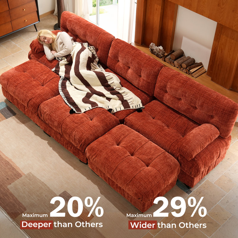 Modular Sectional Couch With Ottoman, 6-Seater Modern U-Shaped Sofa Couches, Comfy Chenille Sofa-Orange, Orange Chenille