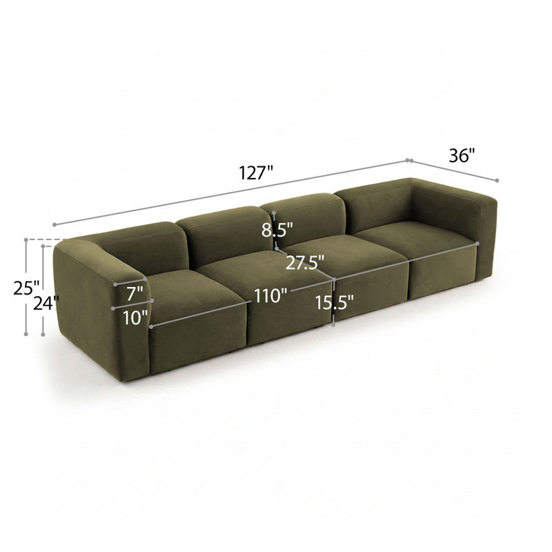 Canapé modulaire surdimensionné en velours surdimensionné à sièges profonds et sièges 4, H 25 po x l 127 po x P 36 po