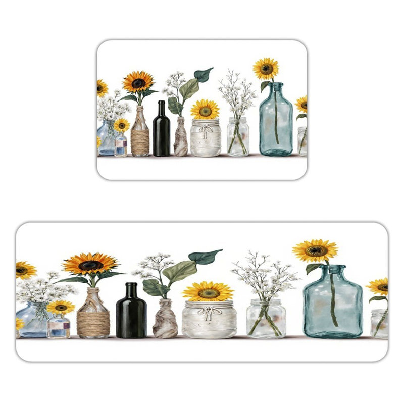 Sunflower In Vase, Kitchen Mats Set Of 2, White/Yellow Floral